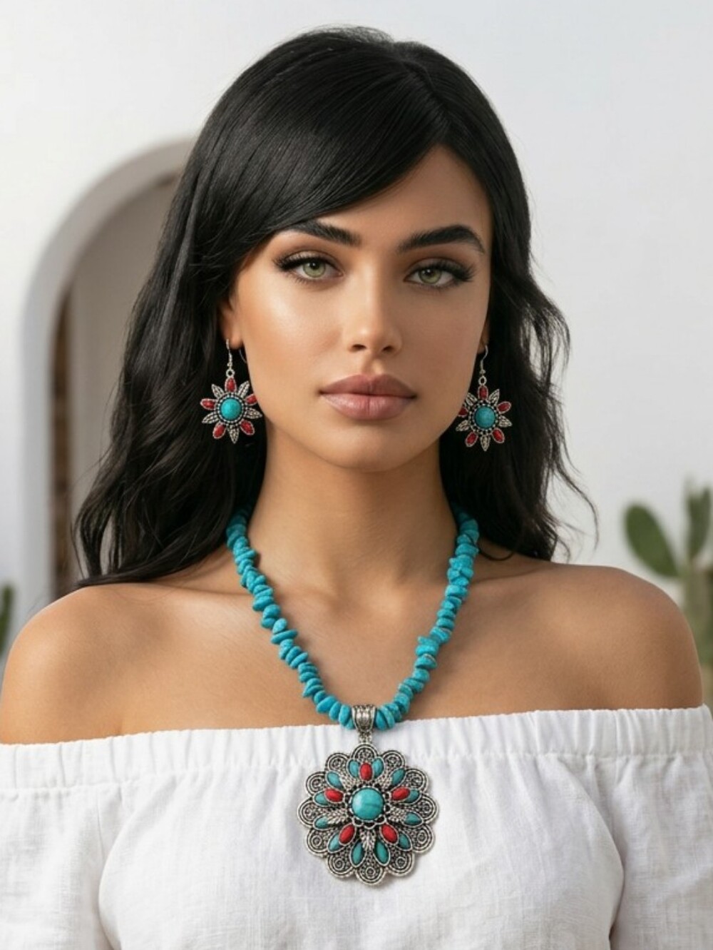 Turquoise Flower Pendant Earring Matching Set Beaded Necklace Western Jewelry